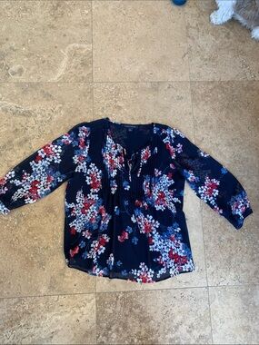 Tommy Hilfiger Navy Floral Pintuck Tie-Neck Blouse